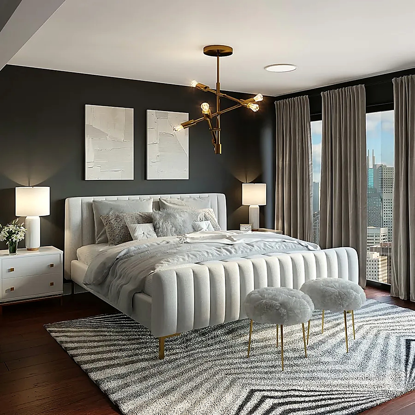 Contemporary bedroom with upholstered bed and nightstands