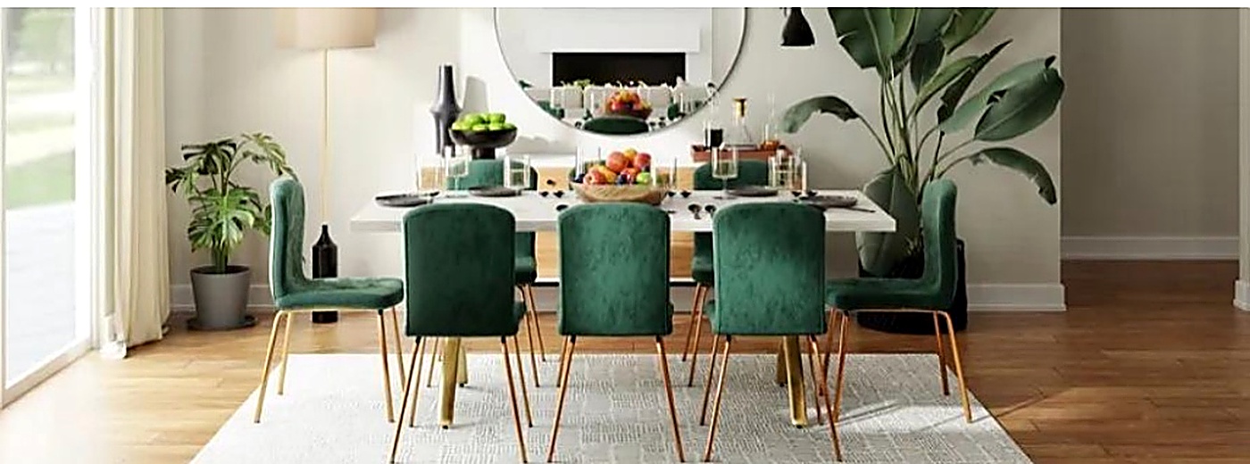 Modern dining room with table and upholstered chairs